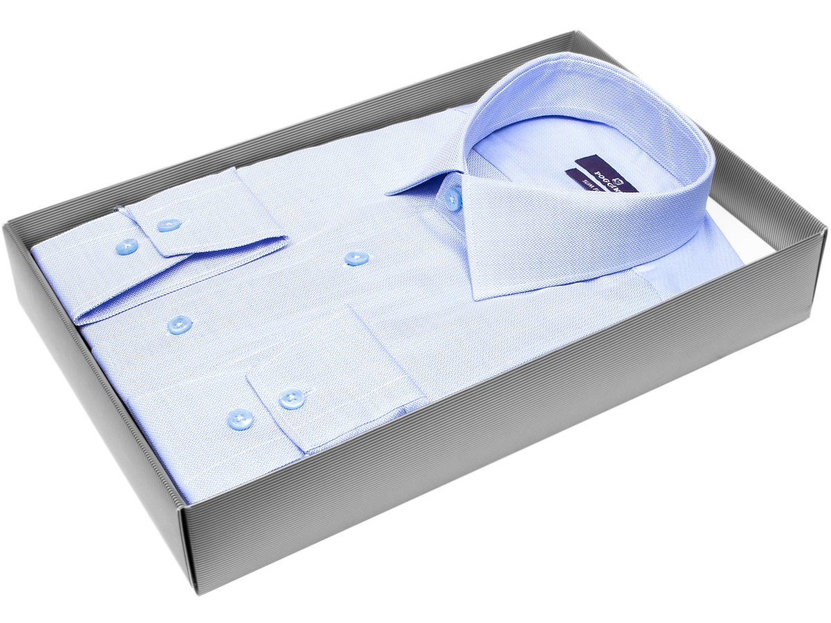 Приталенная мужская рубашка Poggino 7018-18 рукав длинный стиль классический цвет голубой в геометрических фигурах 100% хлопок