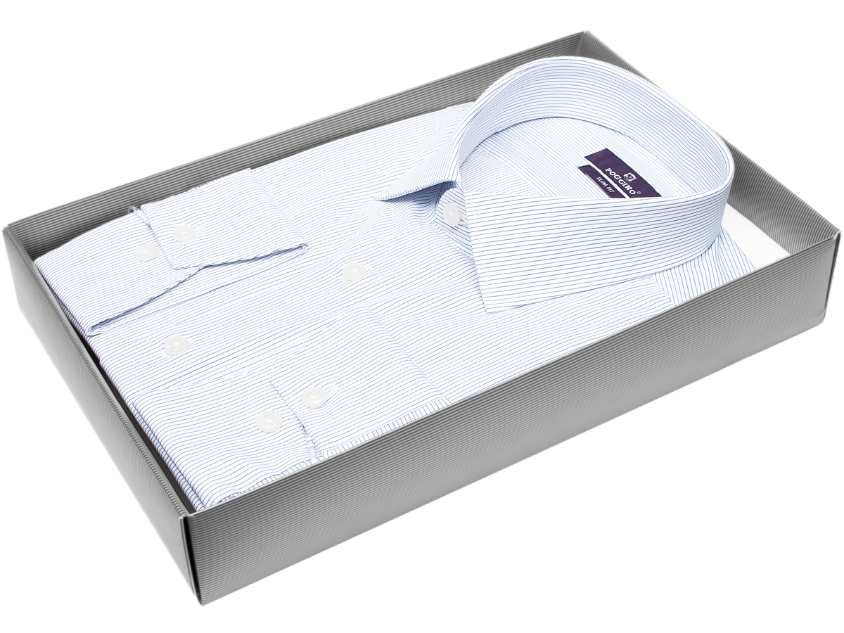 Приталенная мужская рубашка Poggino 7018-20 рукав длинный стиль классический цвет белый в полоску 100% хлопок