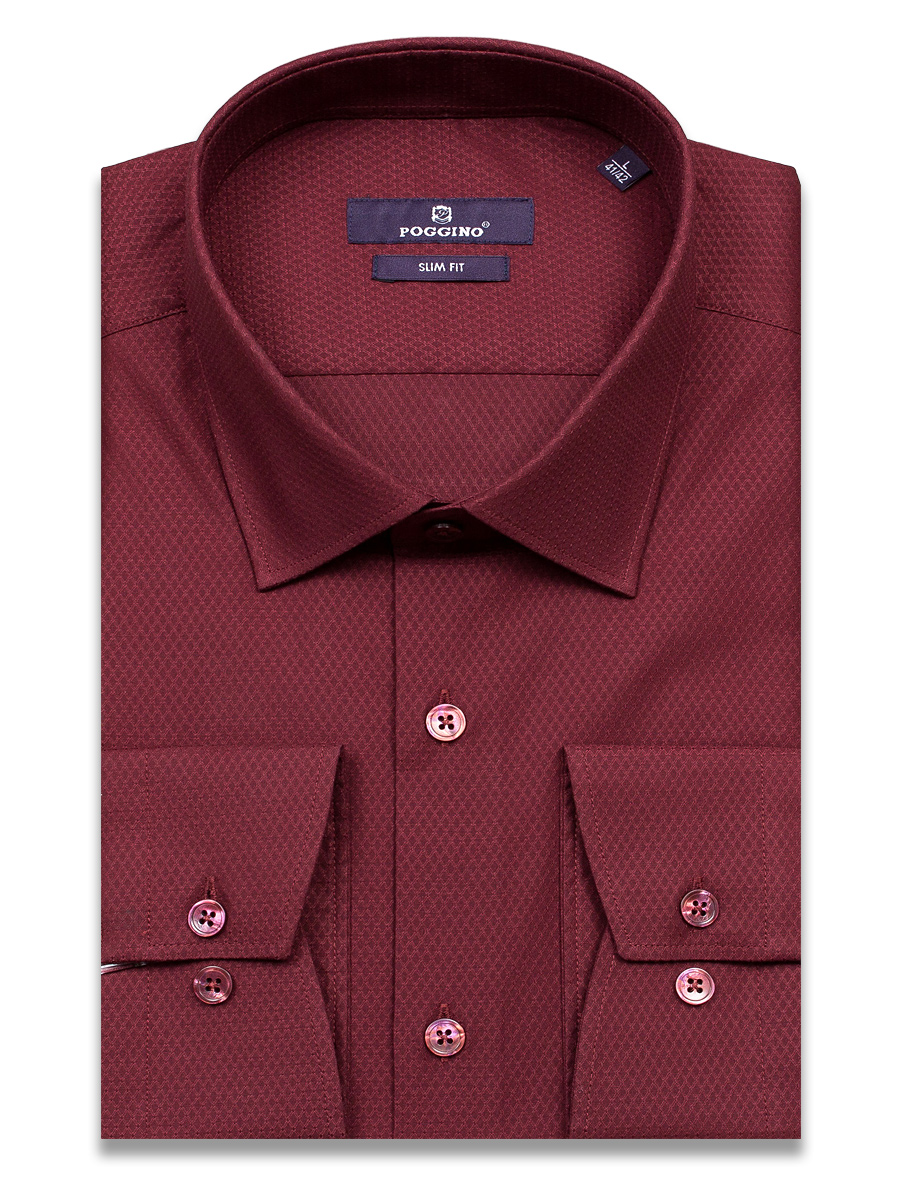 Бордовая приталенная мужская рубашка Poggino 7018-28 с длинными рукавами